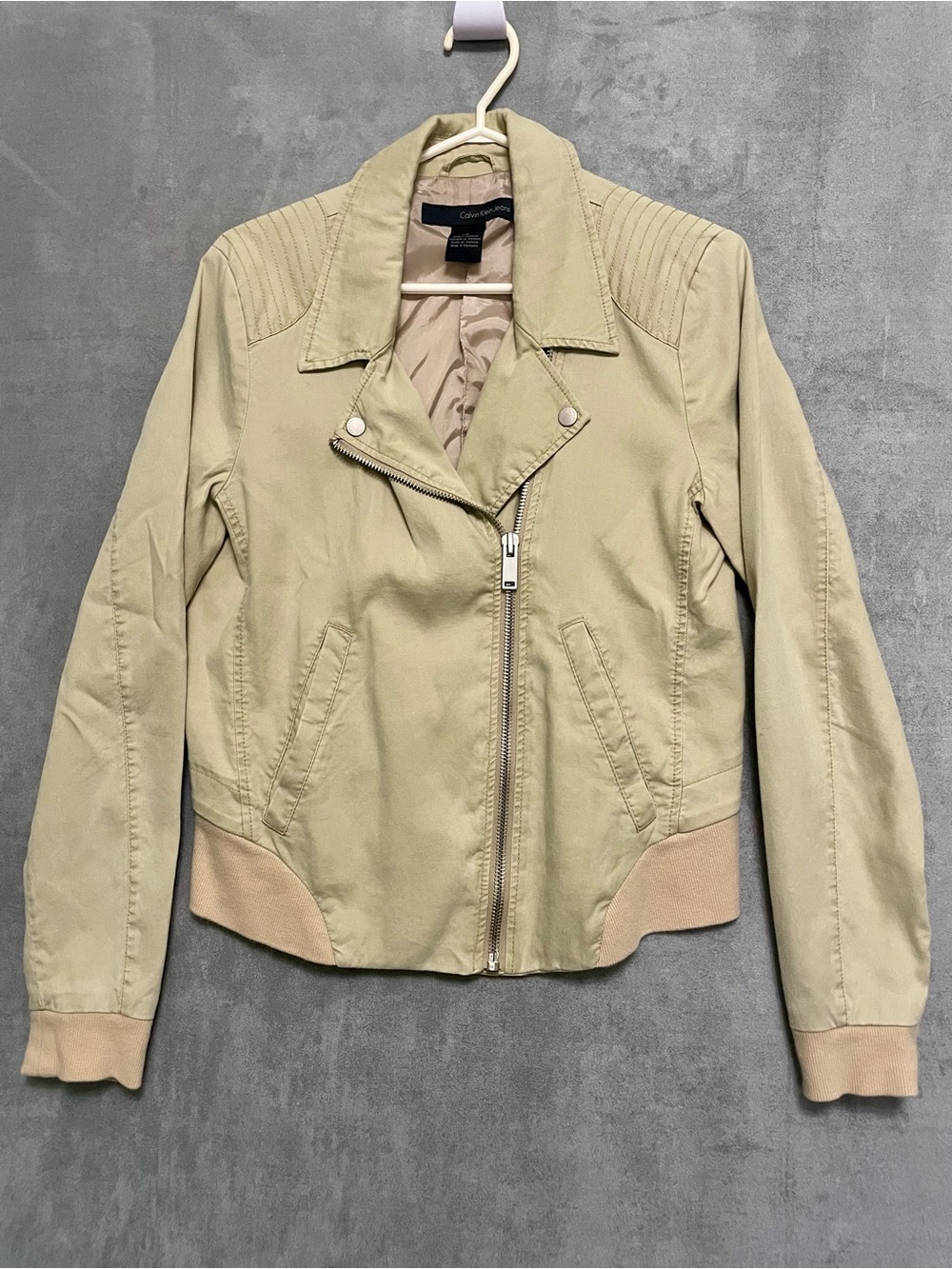 Calvin Klein Beige Cropped Bomber Y2K Moto Jacket